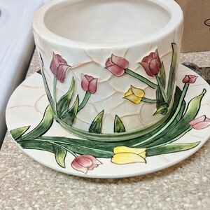 Floral Ceramic Planter with Saucer